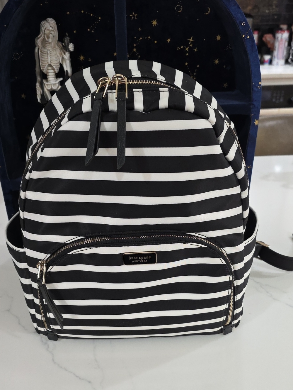 kate spade Black and White Striped Nylon Backpack